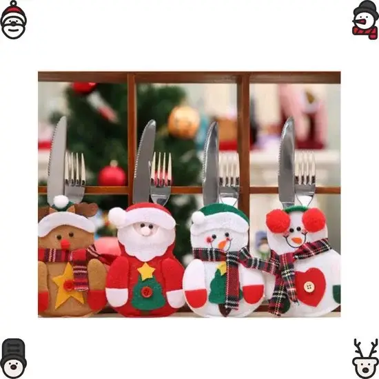 Kerstmis Bestekhouder Set - 4 Stuks - Decoratieve Bestekhoesjes met Kerstman, Sneeuwpop en Rendier - Perfecte Kerstversiering voor de Keuken