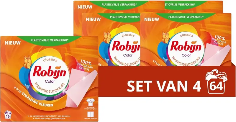 Robijn Classics Color Wasmiddeldoekjes – Kwartaalbox (64 stuks)